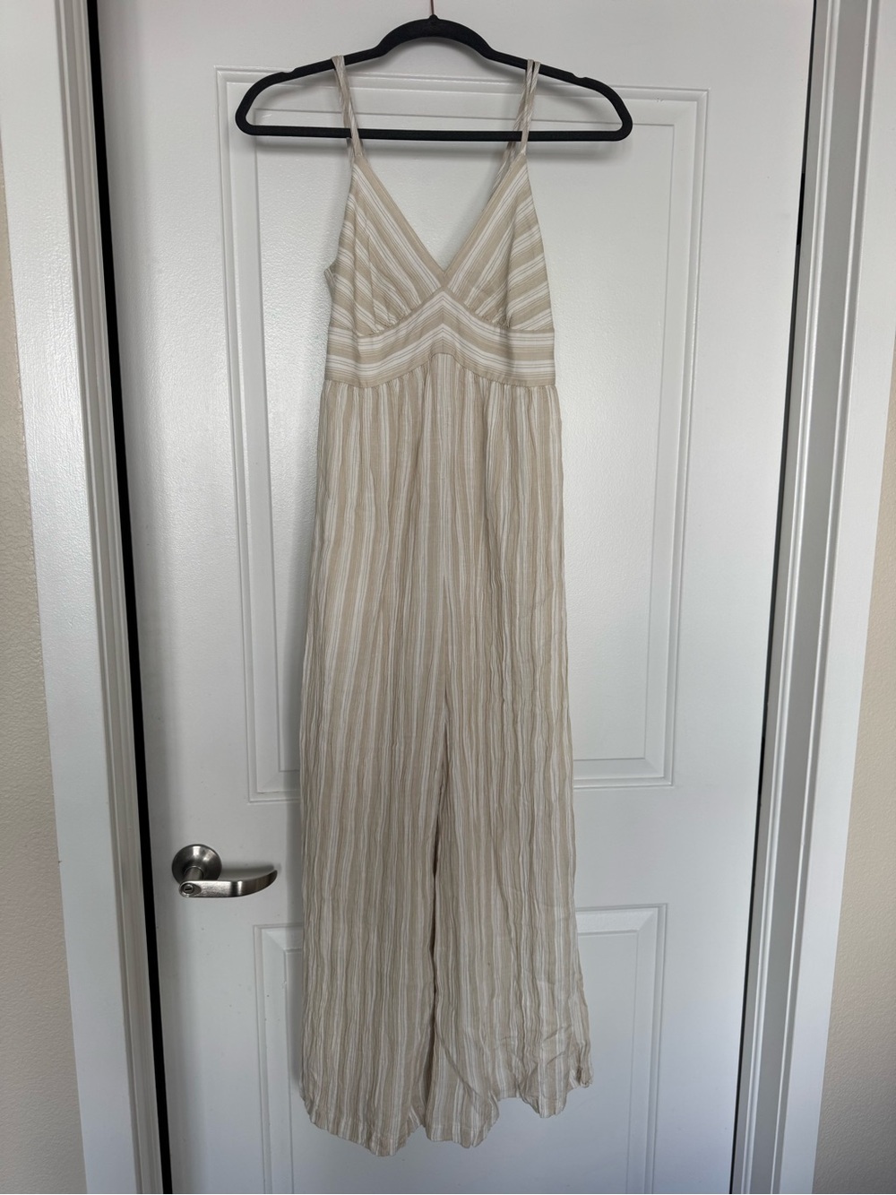 American Eagle Outfitters Cream and White Striped V-Neck Jumpsuit